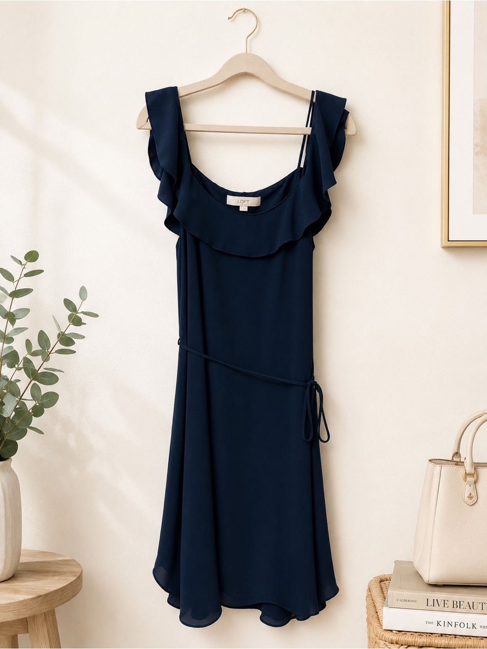 LOFT Teal Ruffle Midi Dress Tie Waist Slip Dress Elegant Minimalist